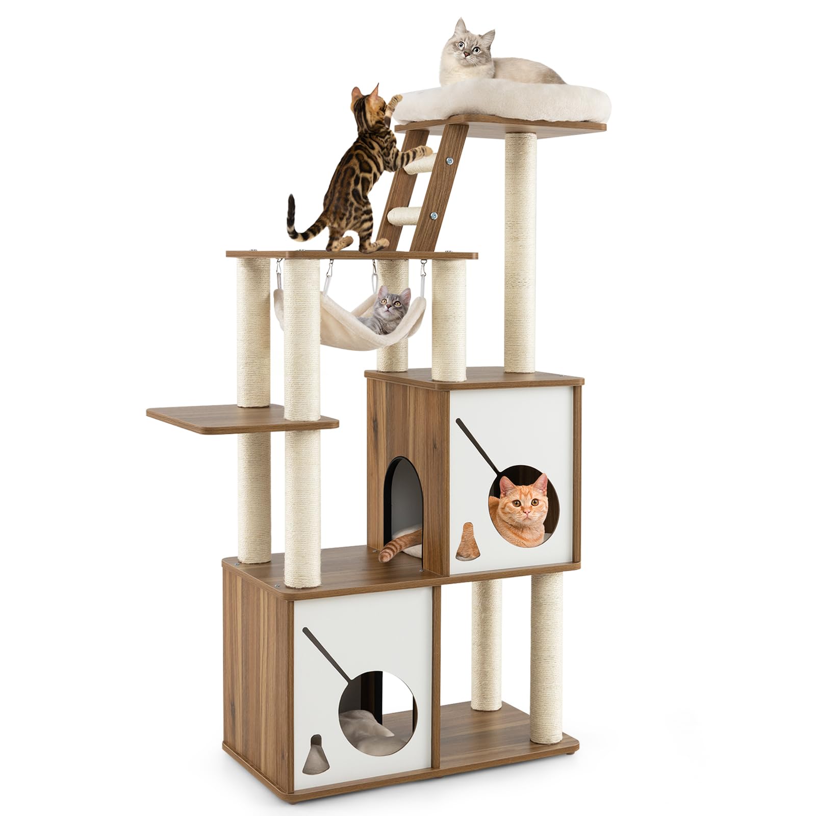 Arbre à chat moderne Tangkula, tour à chat en bois de 145 cm avec poteaux à griffer en sisal, perchoir supérieur rembourré